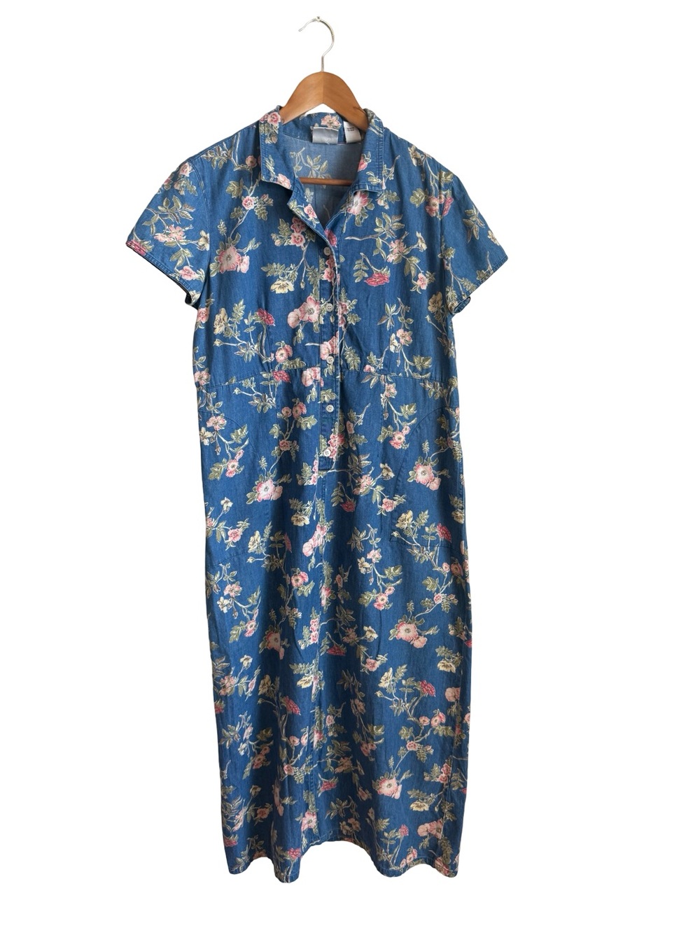 Vintage Liz Claiborne Floral Denim Maxi Shirt Dress Cottagecore Size 14 - Picture 2 of 8